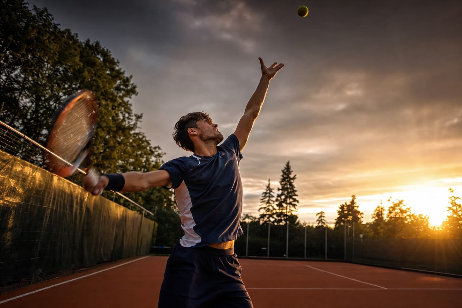 Tennis player serving on an outdoor court